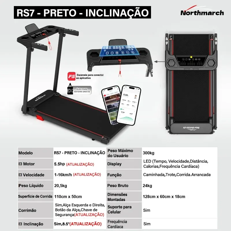 Esteira Elétrica Northmarch RS7 com Bluetooth, Dobrável e Amortecimento, para Treino Residencial