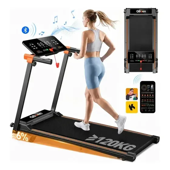 Esteira Elétrica Dobrável QBuen para Casa e Apartamento, 2.5HP, 12km/h, Suporta 120kg, Bluetooth, App, Tela LED e Bivolt, Inclinação Manual 6°, Monitor Cardíaco
